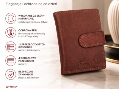 Ciemnobrązowe, skórzane etui na karty płatnicze z ochroną RFID zapinane na zatrzask - obrazek 8