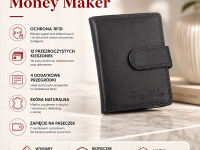 Czarne, skórzane etui na karty płatnicze z ochroną RFID zapinane na zatrzask - obrazek 8