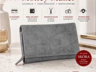 Duży szary portfel damski z miękkiej skóry naturalnej Money Maker - obrazek 8