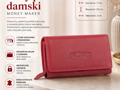 Czerwony portfel damski z matowej skóry, widok z przodu, zamknięty