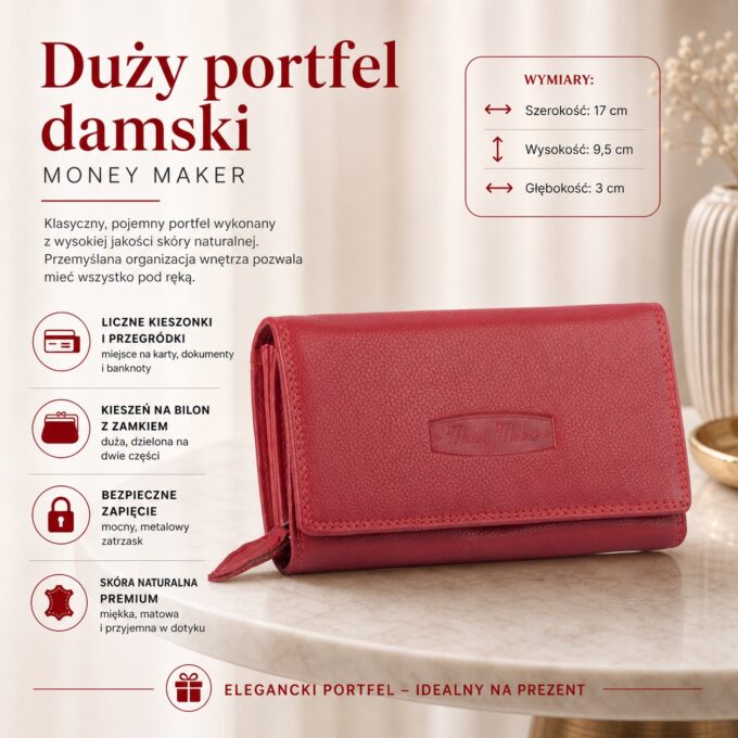 Czerwony portfel damski z matowej skóry, widok z przodu, zamknięty