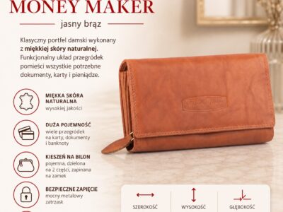 Money Maker Portfel damski skórzany duży jasny brąz - obrazek 7