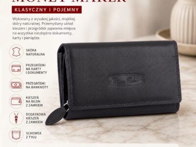 Money Maker Portfel damski skórzany czarny - obrazek 7