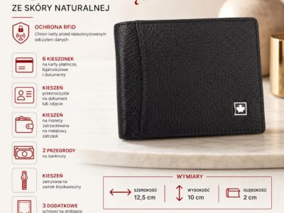 Duży, czarny portfel męski skórzany, klasyczny z ochroną kart RFID - obrazek 7