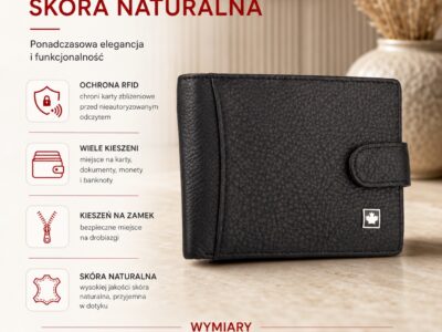 Pojemny, czarny portfel męski skórzany zapinany na zatrzask RFID - obrazek 9