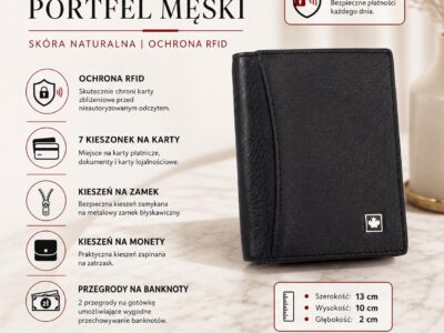Duży, pionowy, czarny portfel męski skórzany, klasyczny z ochroną kart RFID - obrazek 7