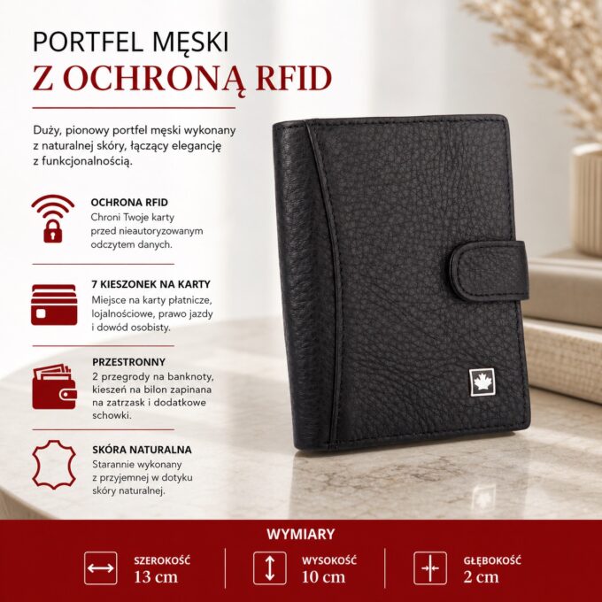 Czarny pionowy portfel męski ze skóry, widok z przodu, zamknięty na zatrzask