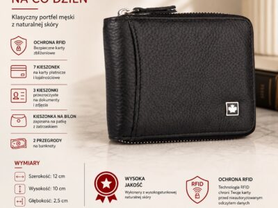 Duży, poziomy, czarny, portfel męski skórzany zapinany dookoła na zamek błyskawiczny - obrazek 7