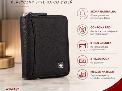 Czarny skórzany portfel męski na zamek, ujęcie z przodu