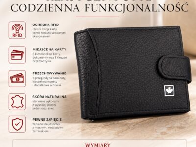 Nieduży, czarny portfel męski skórzany zapinany na zatrzask RFID - obrazek 8