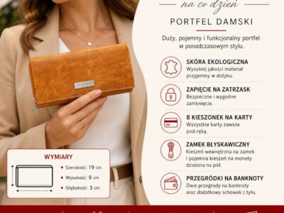 Portfel damski duży poziomy z miękkiej skóry ekologicznej Jennifer Jones koniakowy - obrazek 6