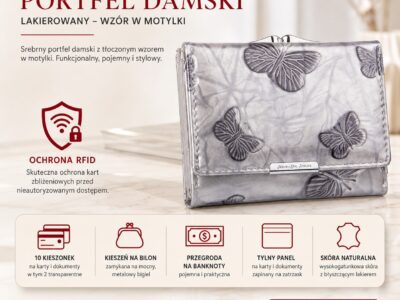 Pojemny srebrny portfel damski lakierowany w motylki zapinany na bigiel i zatrzask RFID - obrazek 9