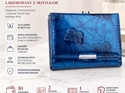 Pojemny niebieski portfel damski lakierowany w motylki zapinany na bigiel i zatrzask RFID - obrazek 9