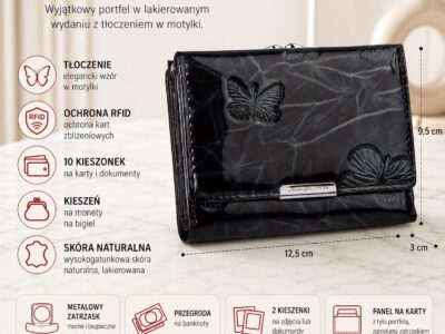Pojemny czarny portfel damski lakierowany w motylki zapinany na bigiel i zatrzask RFID - obrazek 10