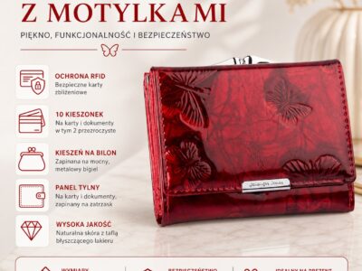 Czerwony lakierowany portfel damski z motylkami, zamknięty, widok z przodu