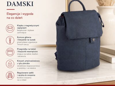 Granatowy mały plecak damski miejski z miękkiej skóry ekologicznej z klapką - obrazek 10