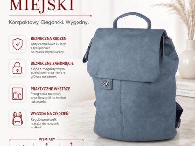 Niebieski mały plecak damski miejski z miękkiej skóry ekologicznej z klapką - obrazek 11