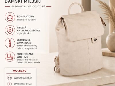 Beżowy mały plecak damski miejski z miękkiej skóry ekologicznej z klapką - obrazek 10