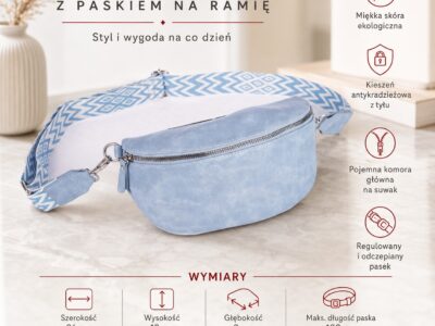 Błękitna saszetka nerka z przodu, z regulowanym paskiem i suwakiem, z miękkiej skóry ekologicznej