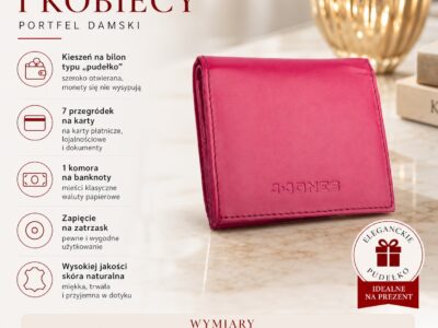 Mały skórzany różowy portfel damski do małej torebki J Jones - obrazek 6