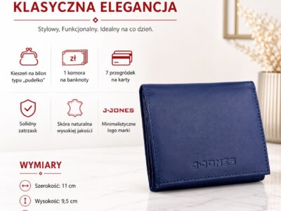 Mały skórzany granatowy portfel damski do małej torebki J Jones - obrazek 6