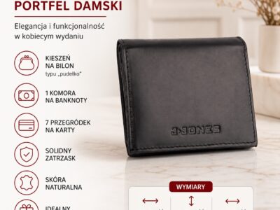 Mały skórzany czarny portfel damski do małej torebki J Jones - obrazek 6