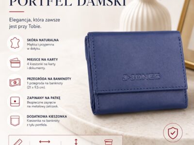 Mały, skórzany portfel damski w kolorze granatowym J Jones - obrazek 6