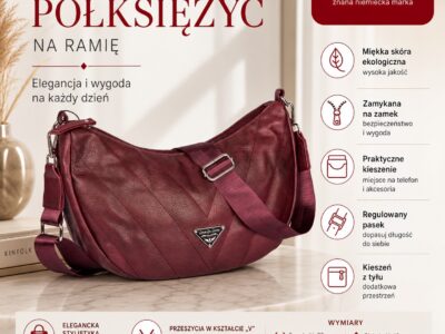 Wiśniowa torebka damska na ramię w kształcie półksiężyca Jennifer Jones - obrazek 10
