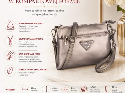 Mała bankietowa torebka damska na ramię w kolorze srebrnym, metalicznym ze złotymi okuciami - obrazek 8
