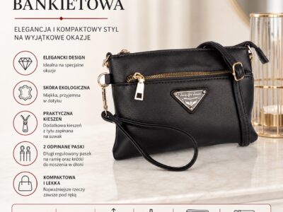 Mała bankietowa torebka damska na ramię w kolorze czarnym ze złotymi okuciami - obrazek 8