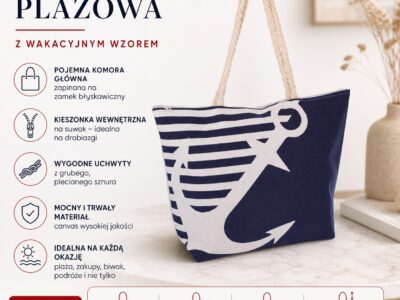 Torba plażowa z uchwytami ze sznurków granatowa z kotwicą Bellugio - obrazek 7