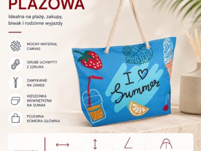 Duża torba na plażę i zakupy niebieska z wakacynym wzorem Bellugio - obrazek 6