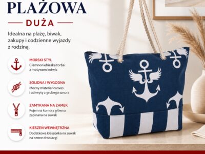 Duża granatowa torba na plażę/zakupy z uchwytami ze sznura Bellugio - obrazek 6
