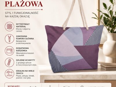 Duża torba na plażę piknik z fioletowym wzorem z uchwytami ze sznura Bellugio - obrazek 6