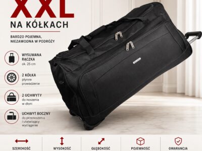 Czarna bardzo duża torba podróżna na kółkach XXL ze stelażem i wyciaganą rączką Bellugio - obrazek 13