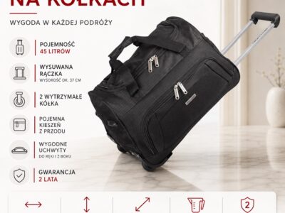 Czarna torba podróżna na kółkach ze stelażem i wyciaganą rączką Bellugio - obrazek 13