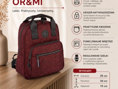 Lekki plecak miejski materiałowy w kolorze bordowym ORMI - obrazek 8