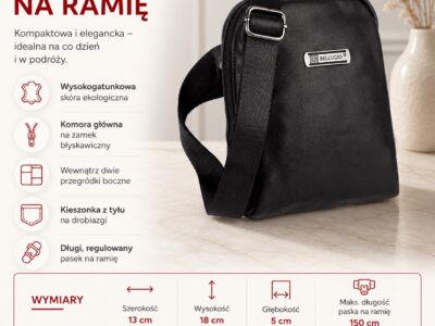 Czarna męska saszetka na ramię z przodu, z regulowanym paskiem i logo Bellugio