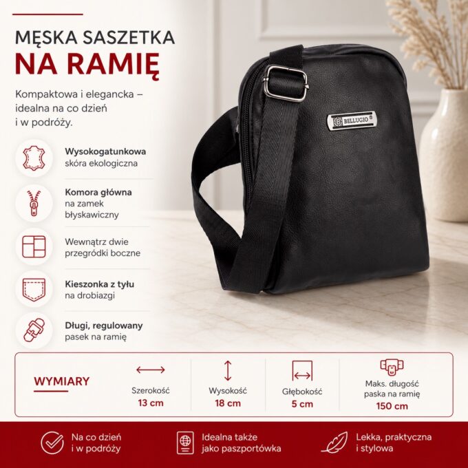 Czarna męska saszetka na ramię z przodu, z regulowanym paskiem i logo Bellugio