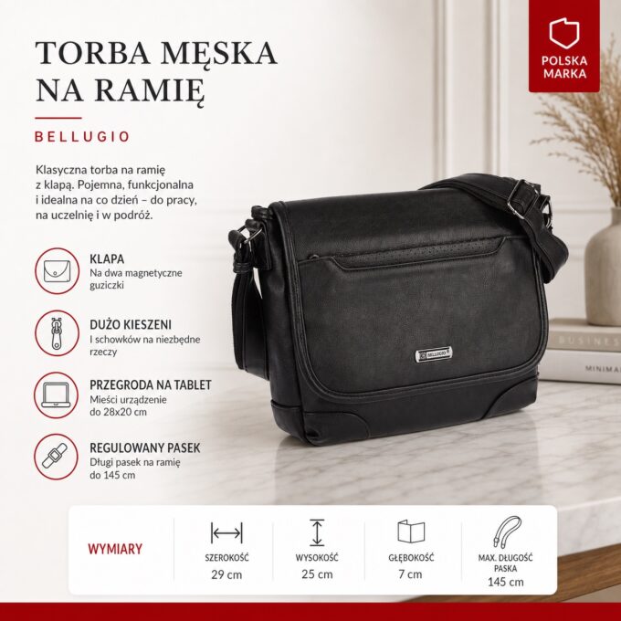 Czarna męska torba na ramię z klapą, widok z przodu, z paskiem