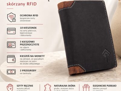 Pionowy portfel męski skórzany szyty ręcznie czarny Ekavale z ochroną RFID - obrazek 8
