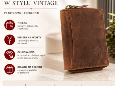 Brązowy skórzany portfel męski vintage, zamknięty, z detalem RFID