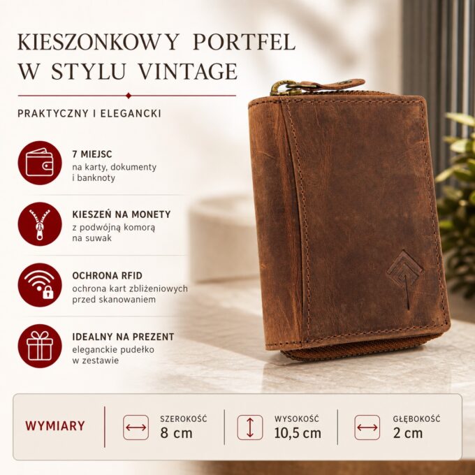 Brązowy skórzany portfel męski vintage, zamknięty, z detalem RFID
