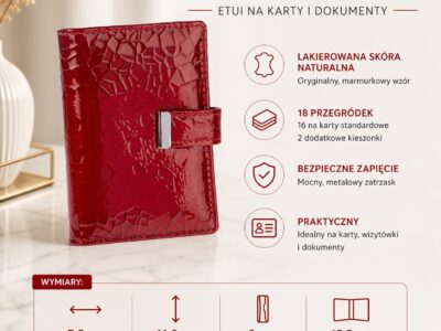 Zamknięte czerwone etui na karty z lakierowanej skóry, z marmurkową fakturą i zapięciem
