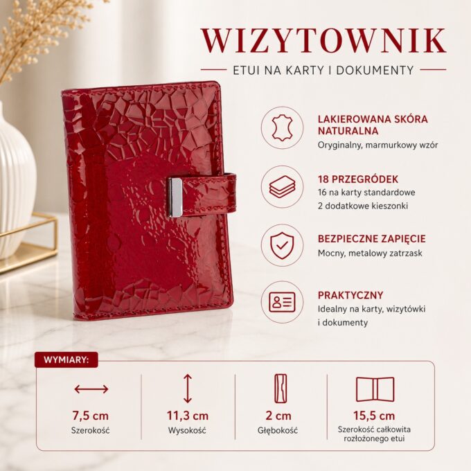 Zamknięte czerwone etui na karty z lakierowanej skóry, z marmurkową fakturą i zapięciem