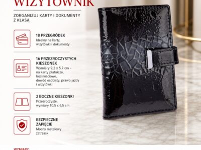 Etui Na Karty Damskie Lakierowane Czarne z tłoczoną marmurkową teksturą - obrazek 6