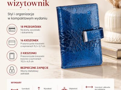 Etui Na Karty Damskie Lakierowane Niebieskie z tłoczoną marmurkową teksturą - obrazek 4