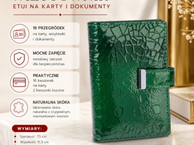 Etui Na Karty Damskie Lakierowane Zielone z tłoczoną marmurkową teksturą - obrazek 5