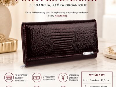 Elegancki duży portfel damski Jennifer Jones z lakierowanej skóry naturalnej RFID burgundowy - obrazek 7