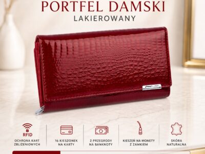Elegancki duży portfel damski Jennifer Jones z lakierowanej skóry naturalnej RFID czerwony - obrazek 8